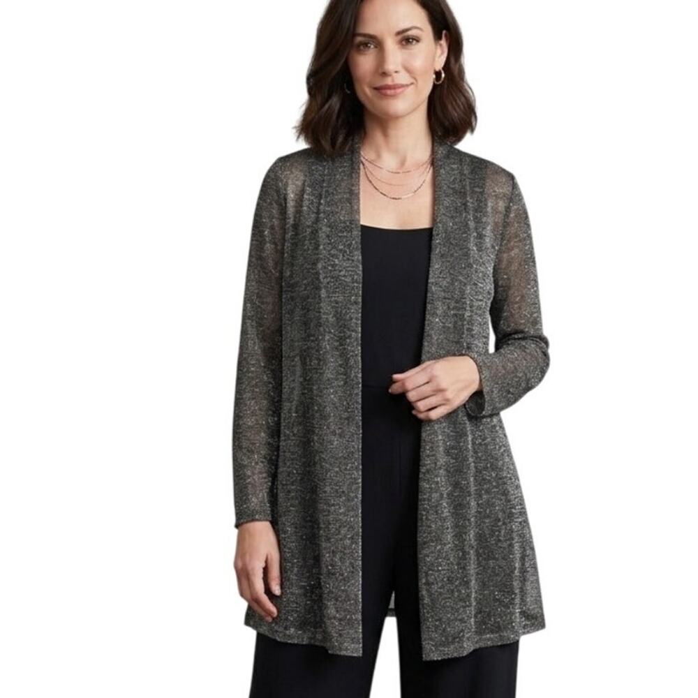 Eileen Fisher Linen Blend Topper Womens Medium Gray Gold Metallic Sheer Jacket